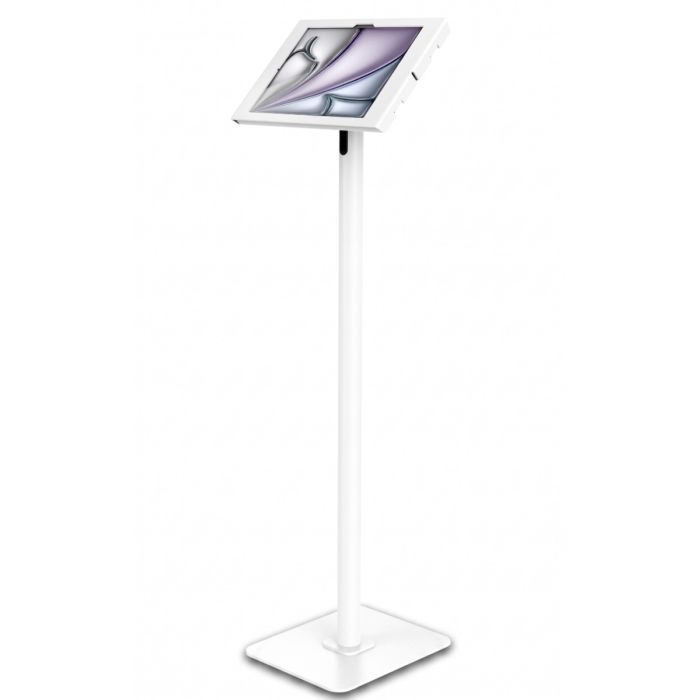 Vue latérale du support au sol Compulocks Swift Apex pour iPad Air, avec une tablette inclinée sur un support blanc.