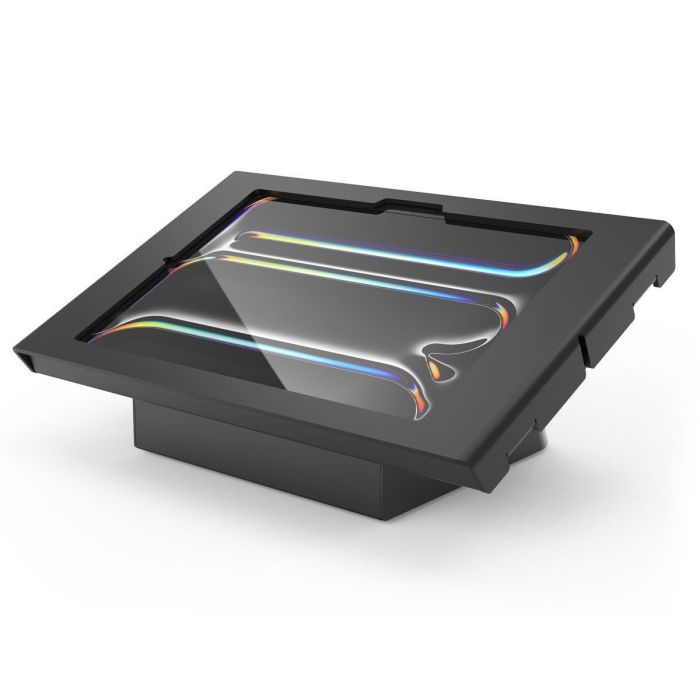Vue détaillée du support de table Compulocks AV Capsule Apex pour iPad Pro 11 pouces, avec une finition noire et un look moderne.