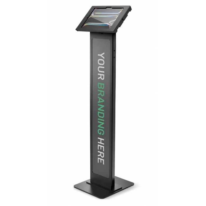 Vue latérale du support de sol Compulocks BrandMe Apex pour iPad Pro 11 pouces, avec option de marquage et finition noire.