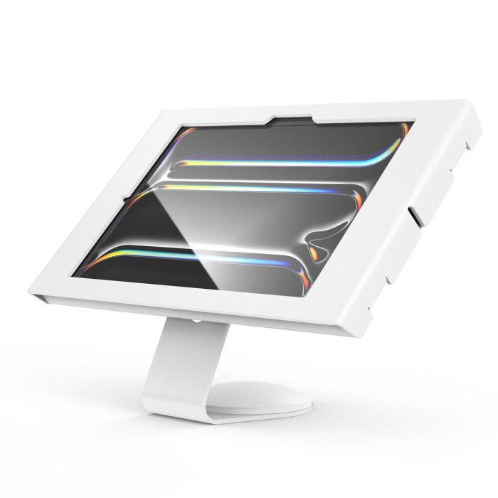 Vue oblique du support de table Compulocks Core Apex pour iPad Pro 11 pouces, avec un écran clair et une base robuste.