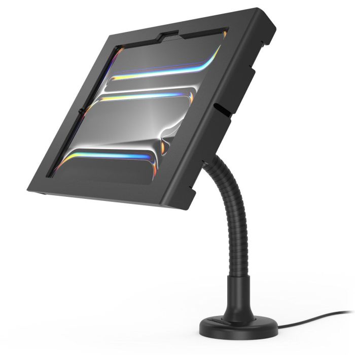Vue latérale du support de table Compulocks Flex Apex pour iPad Pro 11 pouces, avec bras flexible et design noir.