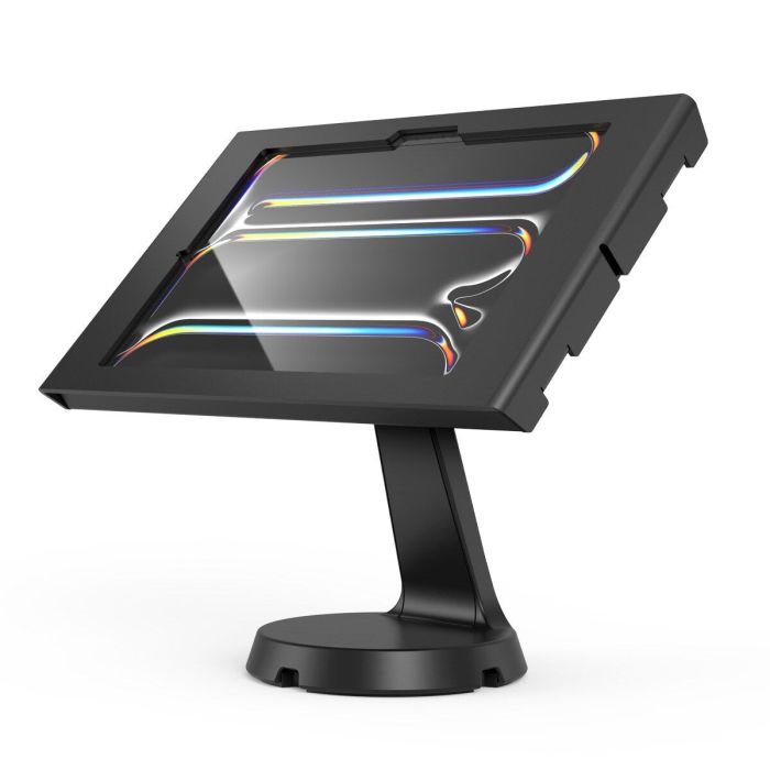 Vue latérale du support de table Compulocks Mast Apex pour iPad Pro 11 pouces, avec une finition noire moderne et une base robuste.