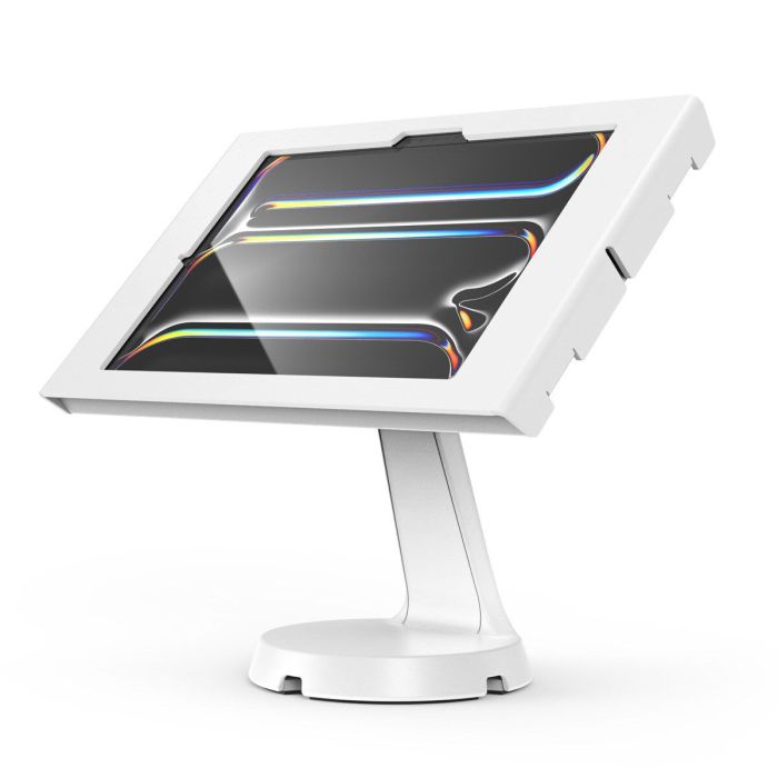 Vue latérale du support de table Compulocks Mast Apex pour iPad Pro 11 pouces en blanc, avec un iPad incliné.