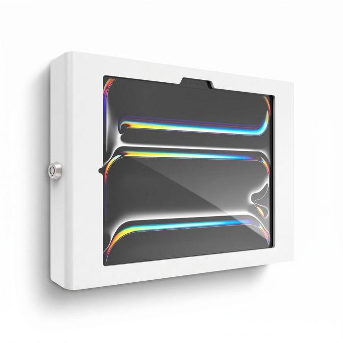 Vue latérale du support mural Compulocks Apex pour iPad Pro 11 pouces, avec une finition brillante et un verrou de sécurité.