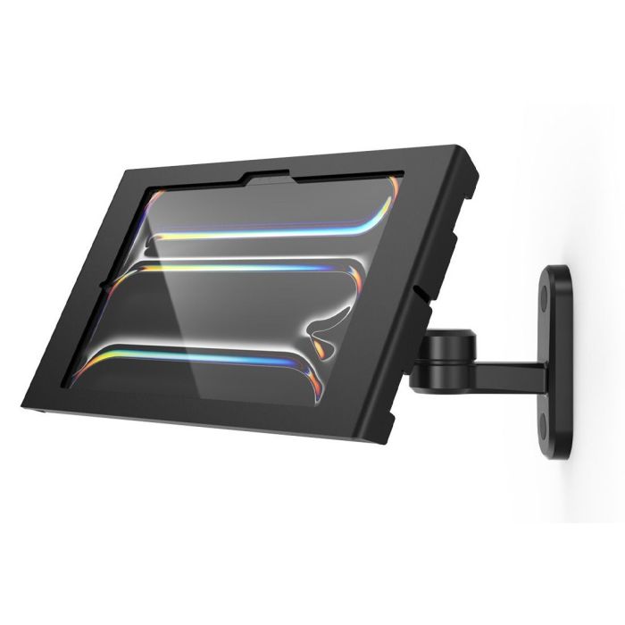Vue latérale du support mural Compulocks Swing Apex pour iPad Pro 11 pouces, monté au mur avec un angle réglable.