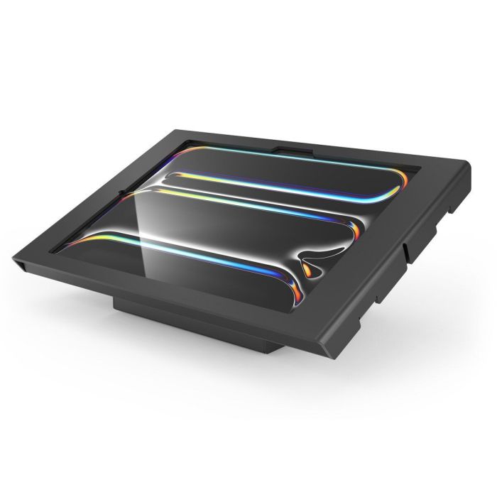 Vue de dessus du support de table Compulocks AV Capsule Apex pour iPad Pro 13 pouces, avec un design noir élégant et une surface brillante.