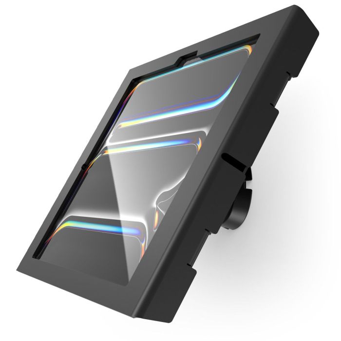 Vue latérale du support mural Compulocks Bow Apex pour iPad Pro 13 pouces, noir, avec une finition et des détails de montage modernes.