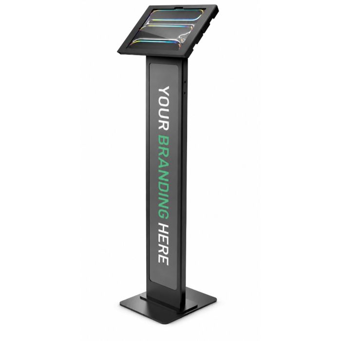 Vue latérale du support de sol Compulocks BrandMe Apex pour iPad Pro 13 pouces, noir, avec espace pour le marquage.