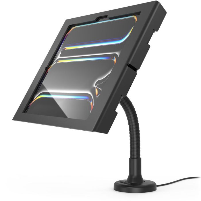 Vue latérale du support de table Compulocks Flex Apex avec un iPad Pro 13 pouces en position réglable.