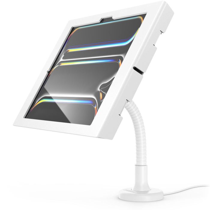 Vue latérale du support de table Compulocks Flex Apex pour iPad Pro 13 pouces, avec bras flexible et finition blanche.