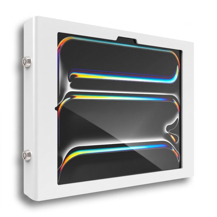 Vue latérale du support mural Compulocks Apex pour iPad Pro 13 pouces, fixé au mur avec un design épuré.