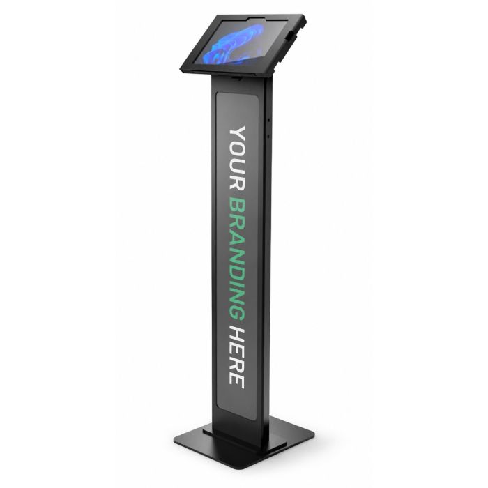 Vue latérale du support de sol noir Compulocks BrandMe Apex avec une Microsoft Surface Go 4, avec un espace de marque visible.