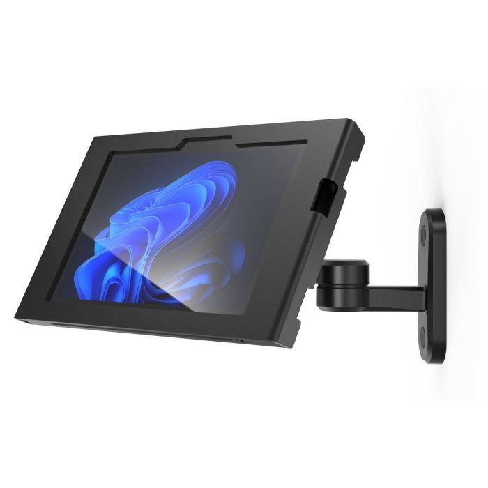 Vue latérale du support mural Compulocks Swing Apex pour Microsoft Surface Go 4, monté au mur avec une tablette en position d'angle.
