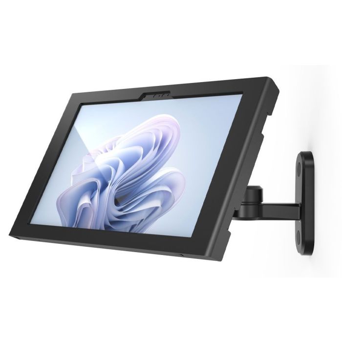 Vue latérale du support mural Compulocks Swing Apex pour Microsoft Surface Pro 11, monté au mur.