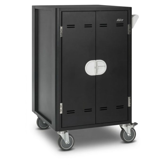 Vue latérale du chariot de chargement pour ordinateur portable AVer C20i AC avec portes fermées et roues visibles pour la mobilité.