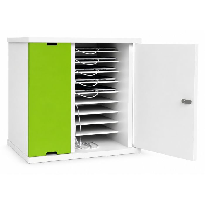 Armoire de chargement ouverte pour iPad Zioxi avec compartiments de chargement visibles et gestion des câbles.