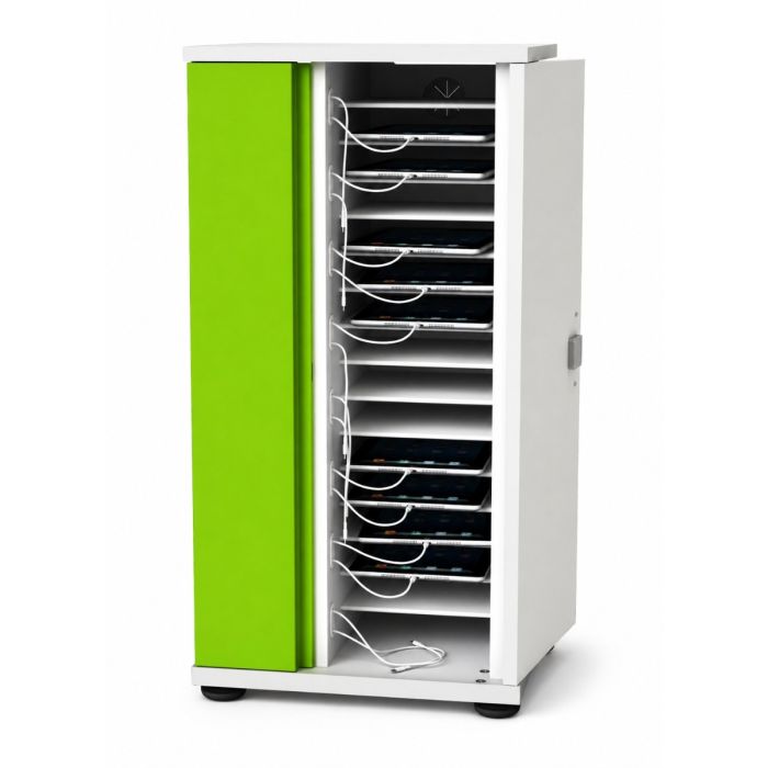 Armoire de chargement ouverte pour iPad Zioxi avec compartiments de chargement visibles et gestion des câbles.