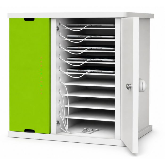 Ouvrez l'armoire de chargement pour iPad Zioxi onView2 avec compartiments visibles pour iPad et gestion des câbles.
