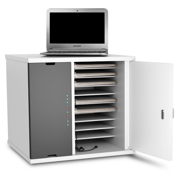 Armoire de chargement USB-C Zioxi Chromebook ouverte avec compartiments visibles pour 10 Chromebooks et un ordinateur portable sur le dessus.