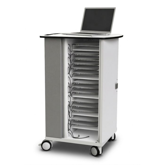 Vue latérale du chariot de chargement pour Chromebook Zioxi onView2 avec compartiments ouverts pour 20 Chromebooks et un ordinateur portable sur le dessus.