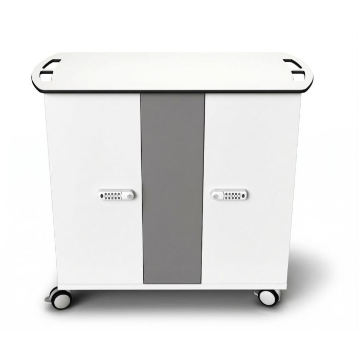Vue de face du chariot de chargement Zioxi Chromebook avec serrure à code numérique et roues pour la mobilité.