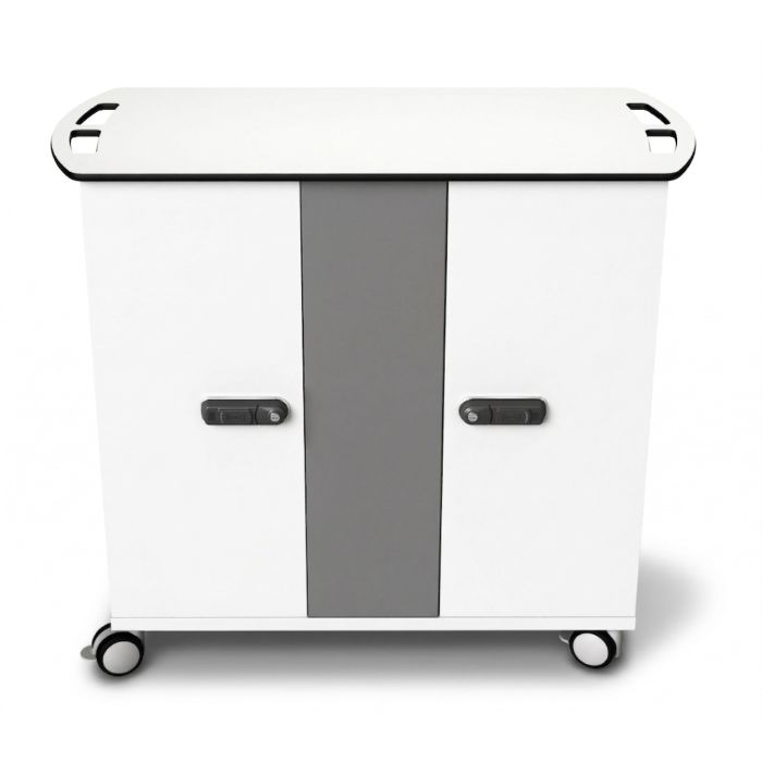 Vue de face du chariot de chargement Zioxi Chromebook avec serrure RFID, fermé et sur roulettes.