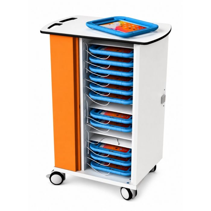 Vue latérale du chariot de chargement pour iPad Zioxi onView2 avec compartiments ouverts et iPad dans des housses adaptées aux enfants.