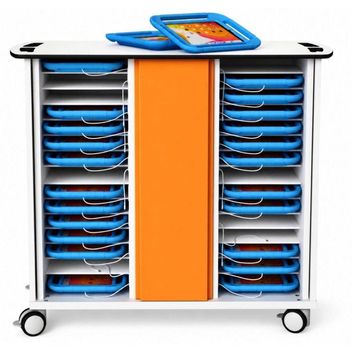 Chariot de chargement pour iPad Zioxi ouvert avec compartiments visibles pour 32 iPad dans des housses adaptées aux enfants.