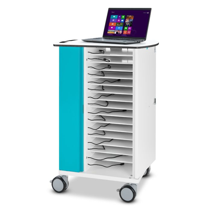 Vue latérale du chariot de chargement pour ordinateur portable Zioxi onView2 avec compartiments ouverts et ordinateur portable en cours d'utilisation.