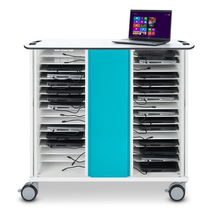 Vue latérale du chariot de chargement pour ordinateur portable Zioxi avec compartiments ouverts pour 32 ordinateurs portables et un ordinateur portable sur le dessus.