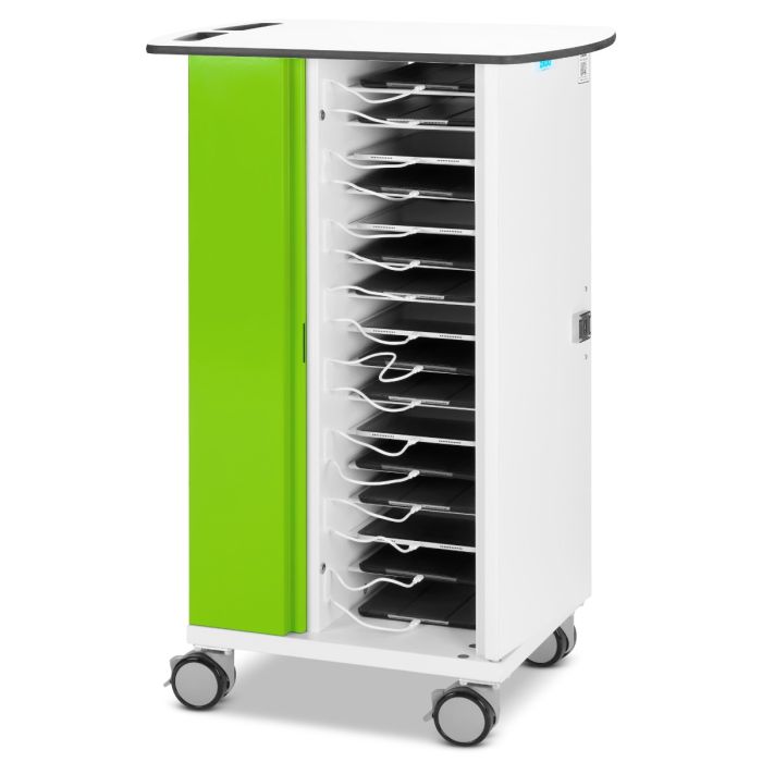 Vue latérale du chariot de chargement pour iPad Zioxi avec compartiments ouverts pour 16 iPad et détails visibles de gestion des câbles.