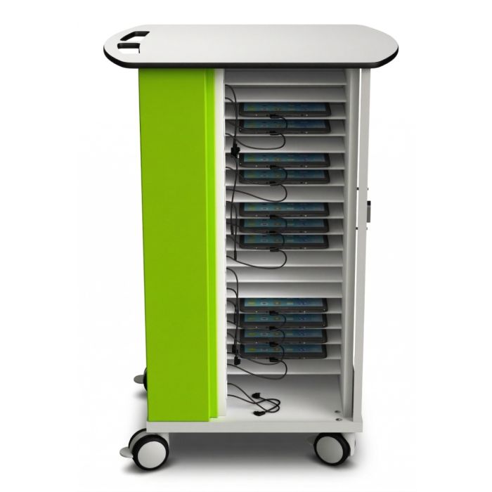 Vue latérale du chariot de chargement pour iPad Zioxi avec compartiments ouverts et iPad chargés visibles.
