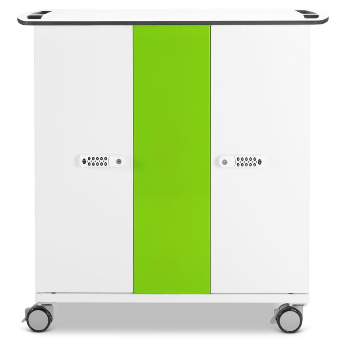 Vue avant du chariot de chargement USB-C pour iPad Zioxi avec bande centrale verte et verrouillage à code numérique.