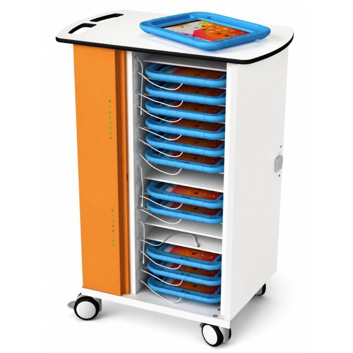 Vue latérale du chariot de chargement pour iPad Zioxi onView2 avec compartiments ouverts pour 16 iPad dans des étuis adaptés aux enfants.