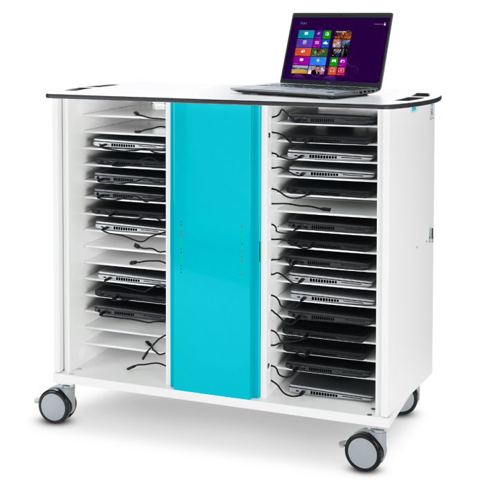 Vue latérale du chariot de chargement pour ordinateur portable Zioxi onView2 avec compartiments ouverts pour 32 ordinateurs portables et un ordinateur portable sur le dessus.