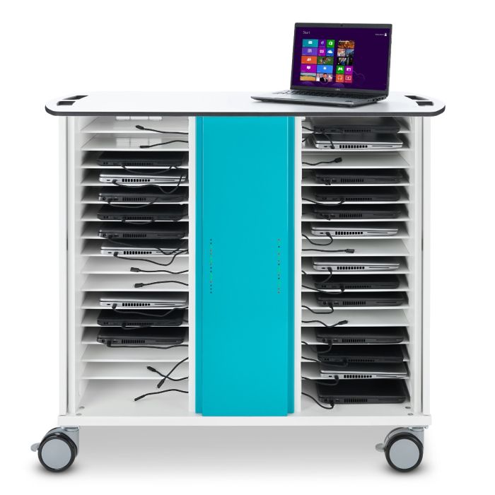 Vue latérale du chariot de chargement USB-C pour ordinateur portable Zioxi avec compartiments ouverts et un ordinateur portable sur le dessus.