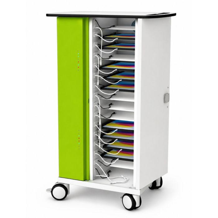 Chariot de chargement USB-C ouvert pour iPad Zioxi avec compartiments de chargement visibles et gestion des câbles.