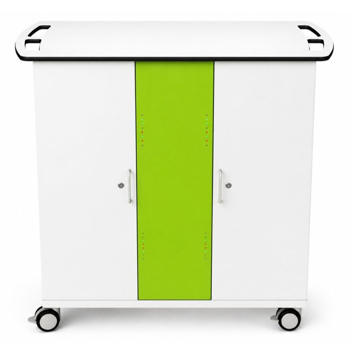 Vue de face du chariot de chargement USB-C pour iPad Zioxi avec panneau vert vif et indicateurs de charge visibles.