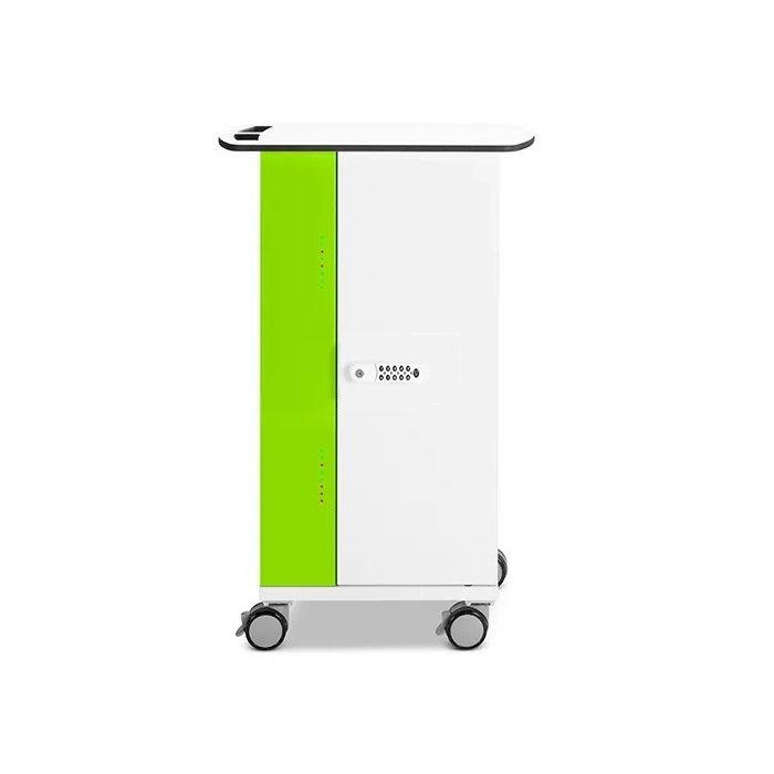 Vue latérale du chariot de chargement USB-C pour iPad Zioxi onView2 avec finition verte et blanche et verrouillage à code numérique.