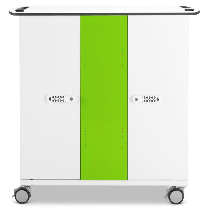 Vue avant du chariot de chargement USB-C pour iPad Zioxi avec panneau vert distinctif et verrouillage à code numérique.