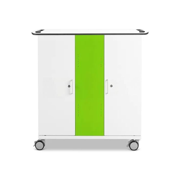 Vue de face du chariot de chargement USB-C pour iPad Zioxi onView2 avec une porte verte frappante.