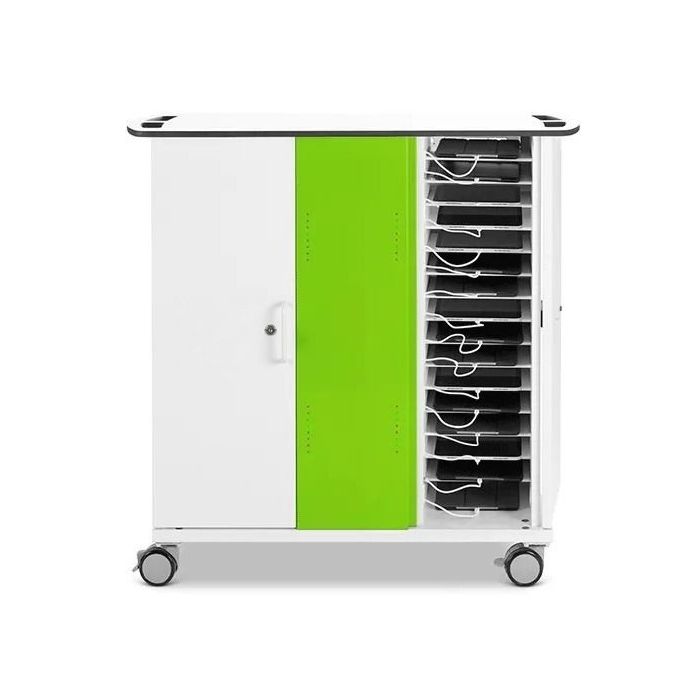 Ouvrez le chariot de chargement pour iPad Zioxi onView2 avec compartiments visibles pour iPad et gestion des câbles.