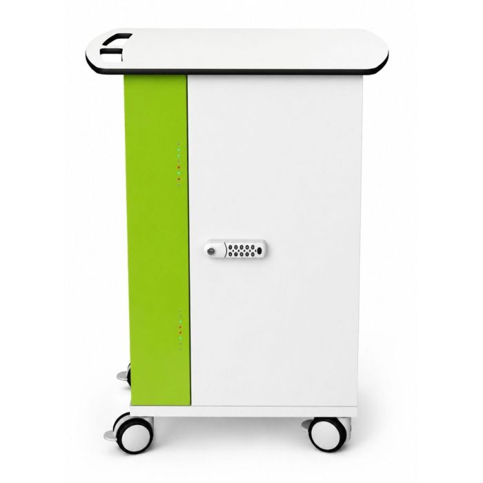 Vue latérale du chariot de chargement Zioxi OnView MacBook NEO avec un panneau vert et un verrou à code numérique.