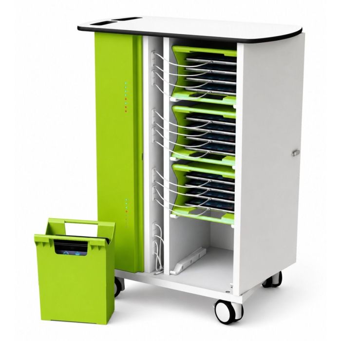 Chariot de chargement pour iPad USB-C réseau Zioxi ouvert avec compartiments visibles pour iPad et gestion des câbles, y compris un panier vert.