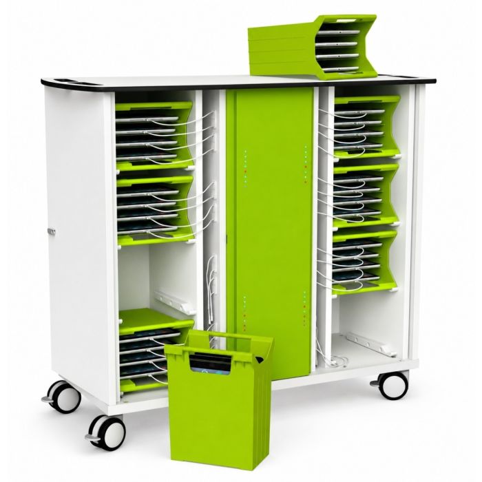 Ouvrez le chariot de chargement pour iPad Zioxi onView2 avec des paniers verts et des câbles USB-C visibles pour 32 iPad.