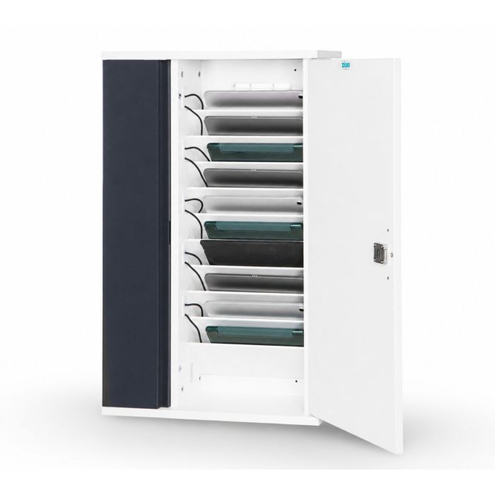 Armoire murale ouverte pour tablette Zioxi pour 10 tablettes avec compartiments de chargement visibles et gestion des câbles pour un chargement sûr et organisé.