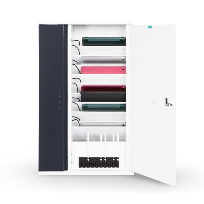 Armoire murale ouverte Zioxi pour 10 iPad avec câbles USB-C et compartiments de rangement pour crayons Lightning, vue frontale.