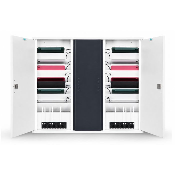 Vue de face de l'armoire murale Zioxi onView ouverte pour 20 iPad avec compartiments de chargement visibles, câbles USB-C et espace de rangement pour Apple Pencils.
