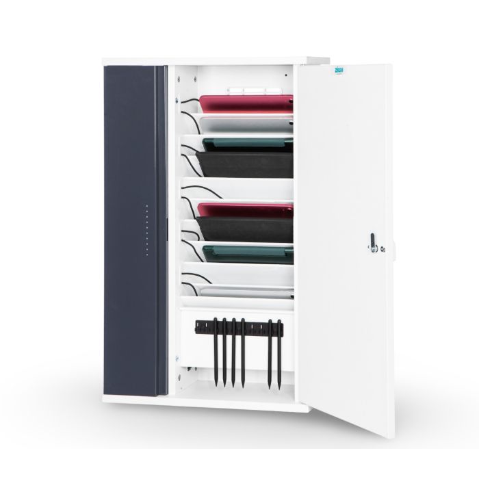Armoire murale ouverte pour iPad Zioxi avec compartiments de chargement USB-C et espace de rangement pour Apple Pencils, vue frontale sur fond blanc.