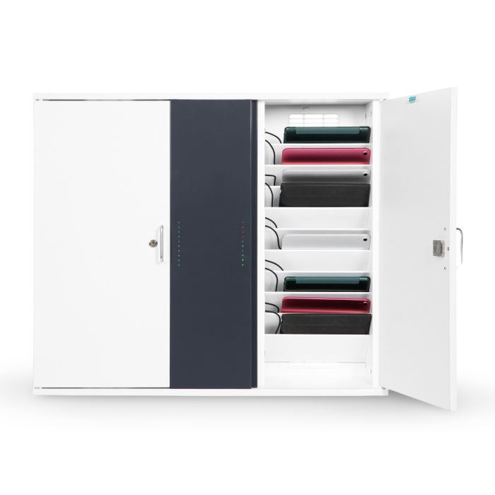 Armoire murale USB-C pour tablette Zioxi OnView ouverte avec compartiments de chargement visibles pour tablettes et câblage USB-C intégré.